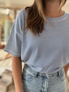blue + white stripe knit top