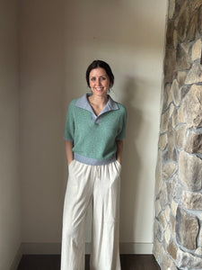 green + blue knit short sleeve collared top