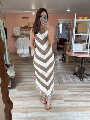 ivory + brown chevy crochet dress