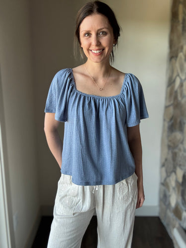 blue pointelle textured top