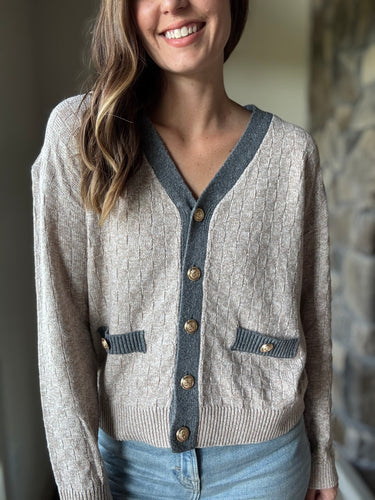 taupe checkered weave button cardigan