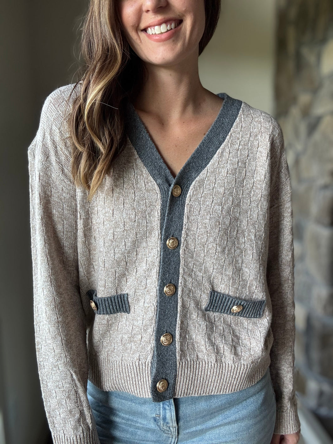 taupe checkered weave button cardigan