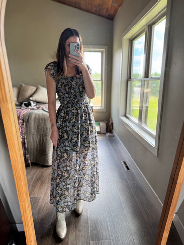 charcoal blue floral midi dress
