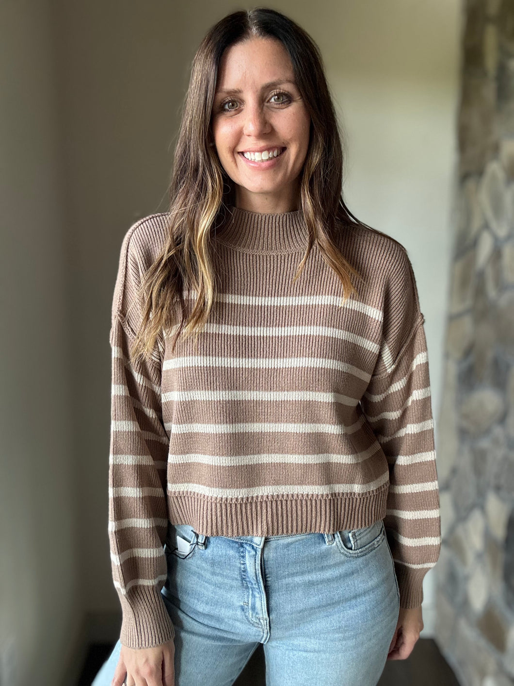 camel + oat stripe mock neck