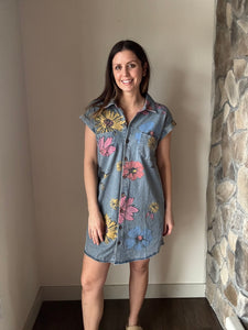 may flowers denim button down dress