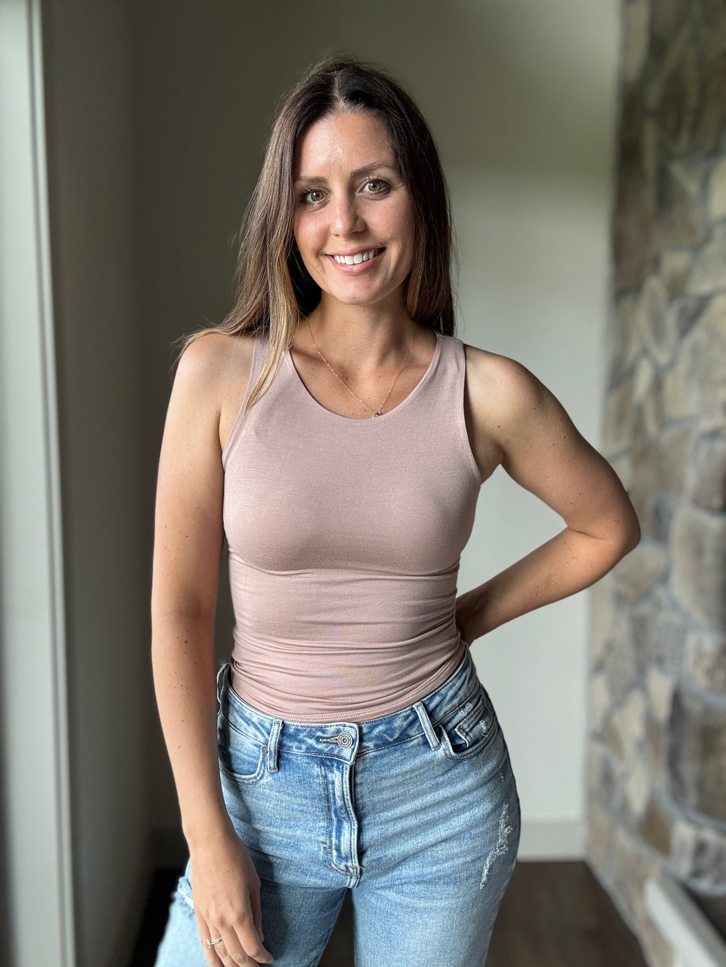 hazelnut soft boat neck tank top