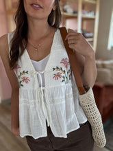 Load image into Gallery viewer, embroidered floral tie front peplum top