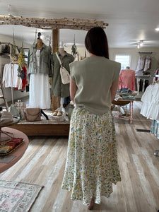 ivory green floral button midi skirt