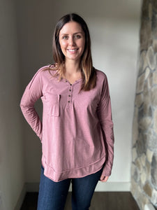 mauve mineral wash henley tee