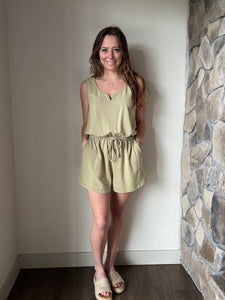 soft olive mineral washed french terry romper