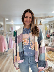 blue + lavender multi check cardigan