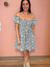 Load image into Gallery viewer, washed denim floral mini dress