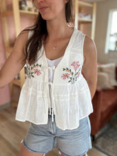 Load image into Gallery viewer, embroidered floral tie front peplum top