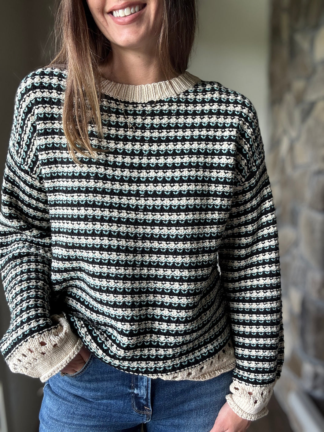 black + turquoise striped sweater