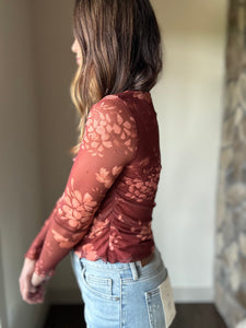cinnamon floral mesh top