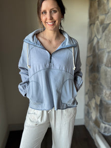 denim blue half zip french terry pullover