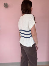 Load image into Gallery viewer, cream + navy stripe button top