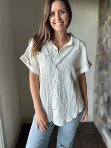 oatmeal short sleeve button down top