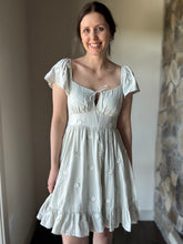 Load image into Gallery viewer, daisy embroidered sage flutter dress