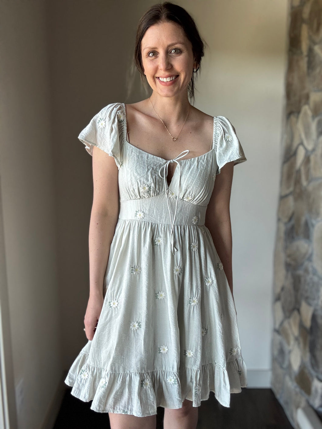daisy embroidered sage flutter dress