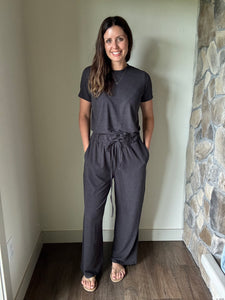 buttery-soft charcoal short sleeve jumpsuit