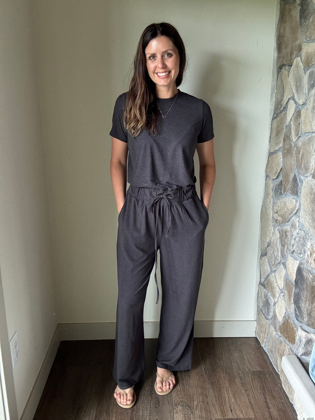 buttery-soft charcoal short sleeve jumpsuit