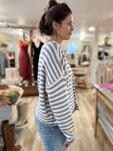 Load image into Gallery viewer, blue + ivory stripe button down cardigan