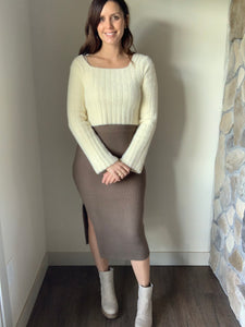 SAGE THE LABEL kalli side slit sweater midi olive skirt