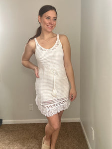 white crochet fringe dress+cover up