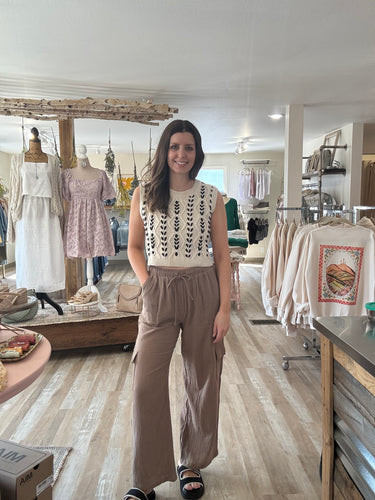 mocha cotton gauze cargo wide leg pants