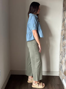 faded olive button fly wide leg