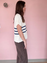 Load image into Gallery viewer, cream + navy stripe button top