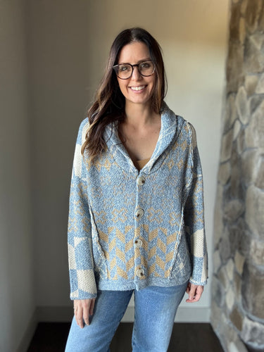 blue + gold printed button cardigan