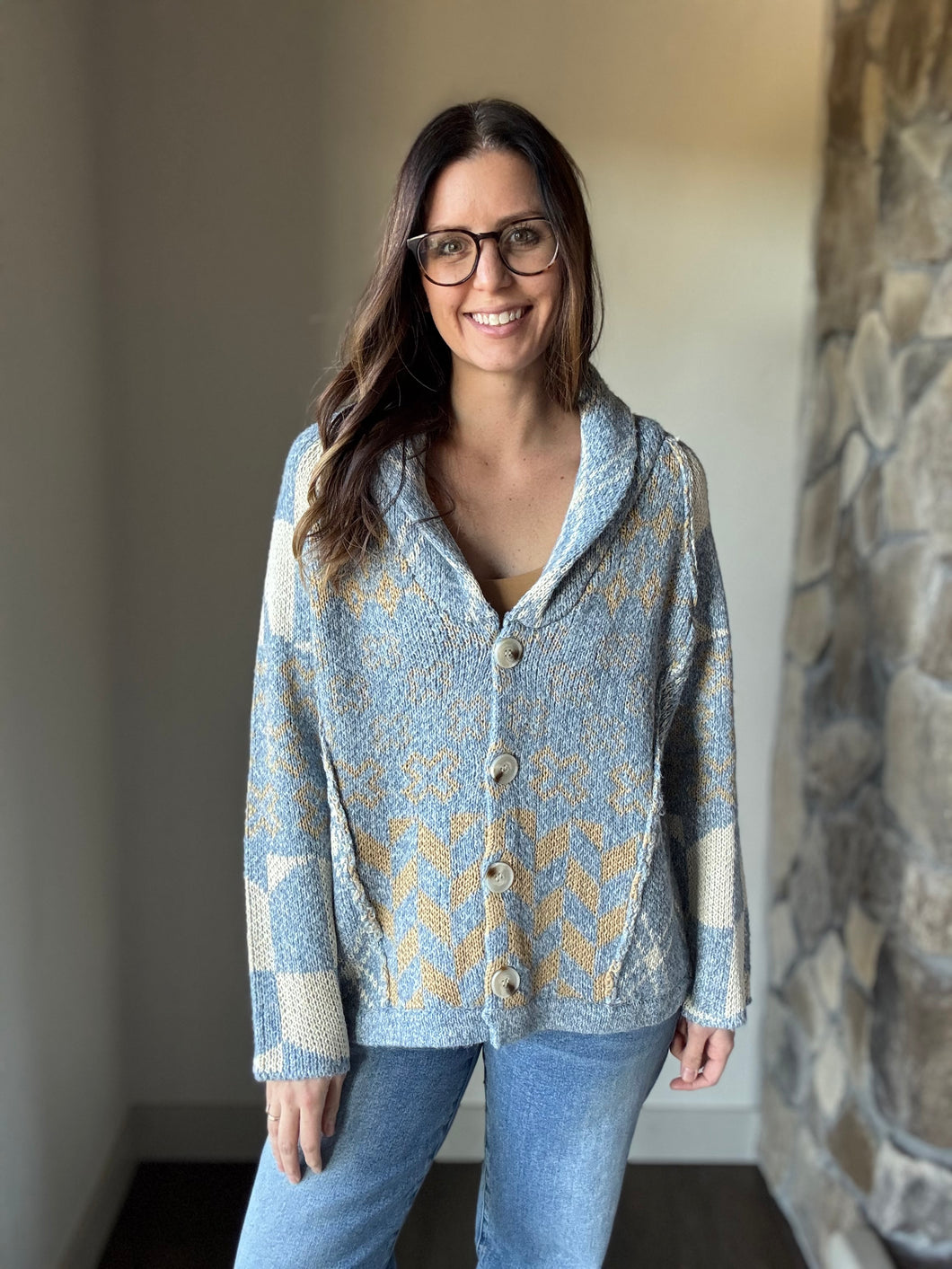 blue + gold printed button cardigan
