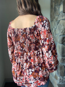 burgundy floral twist front top