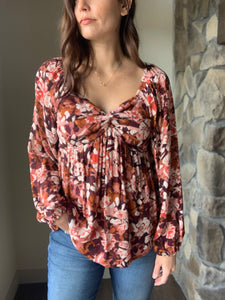 burgundy floral twist front top