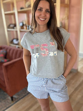 Load image into Gallery viewer, USA floral patchwork soft grey tee