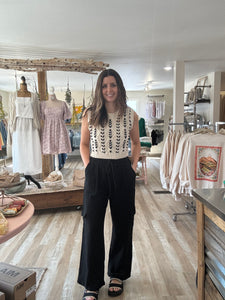 black cotton gauze cargo wide leg pants