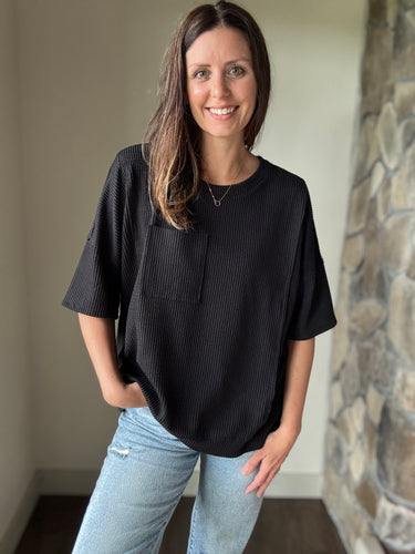 black ribbed half sleeve top