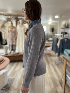 grey chunky sweater with denim contrast