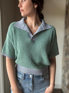 green + blue knit short sleeve collared top