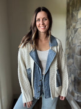 Load image into Gallery viewer, chunky knit cardigan with denim layer