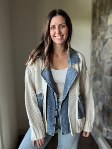 chunky knit cardigan with denim layer