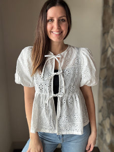 sunday stroll white eyelet front tie top