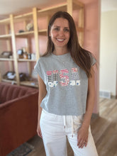 Load image into Gallery viewer, USA floral patchwork soft grey tee