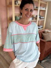 Load image into Gallery viewer, sky + coral stripe relaxed tee