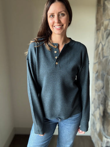 soft deep teal waffle henley
