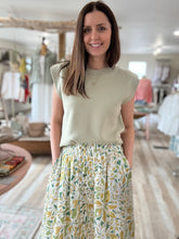 Load image into Gallery viewer, ivory green floral button midi skirt