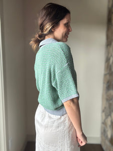 green + blue knit short sleeve collared top