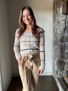 taupe + navy stripe cardigan sweater